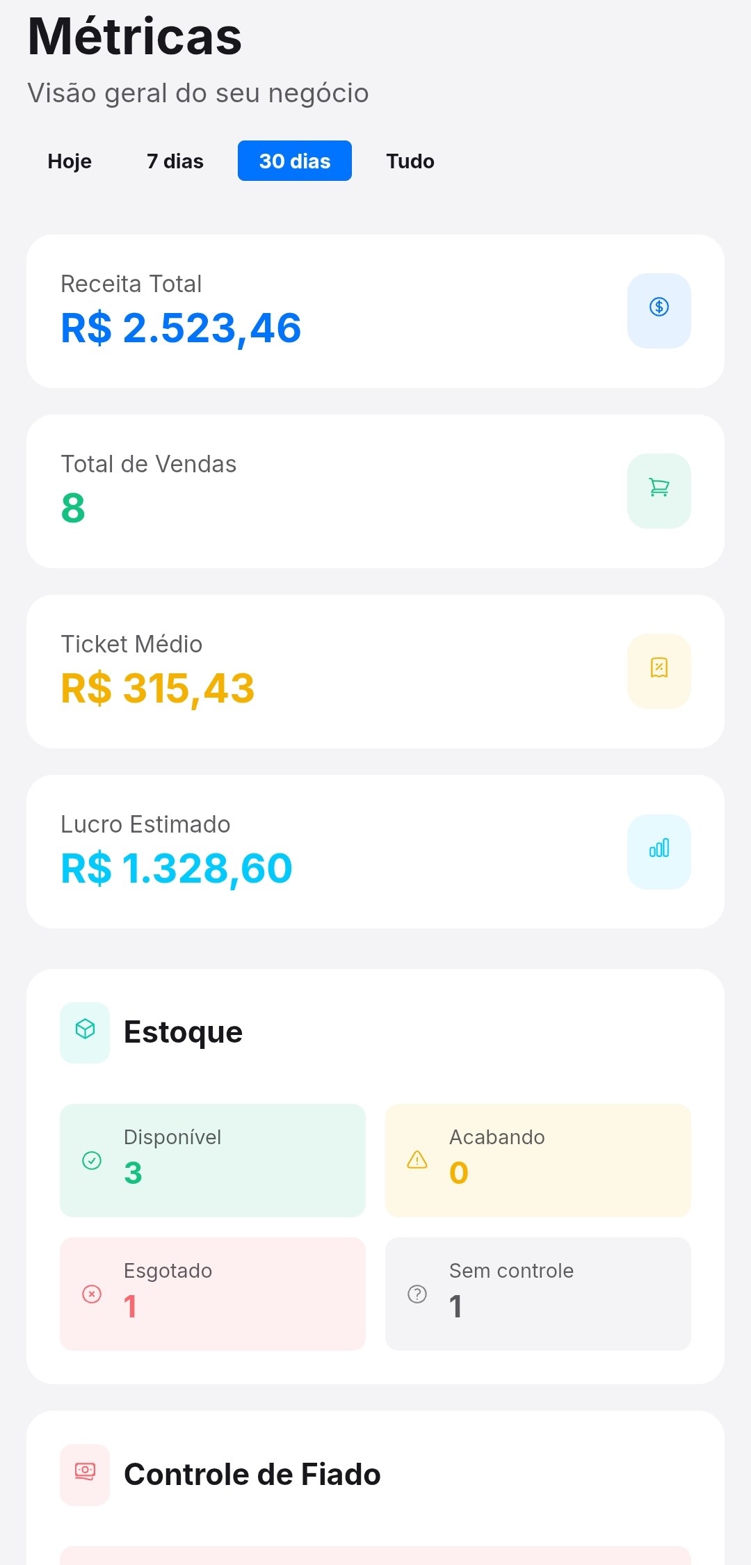Captura de tela mobile (modo claro): Métricas e Relatórios